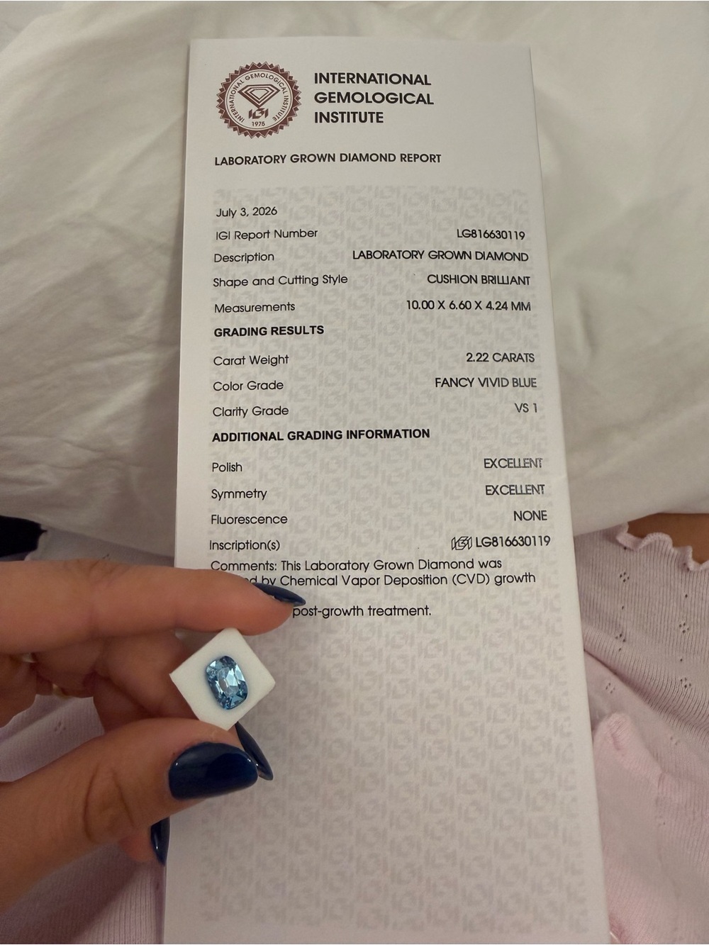 Fancy Vivid Blue Cushion Cut Lab-Grown Diamond - 2.22 Carat - old mine